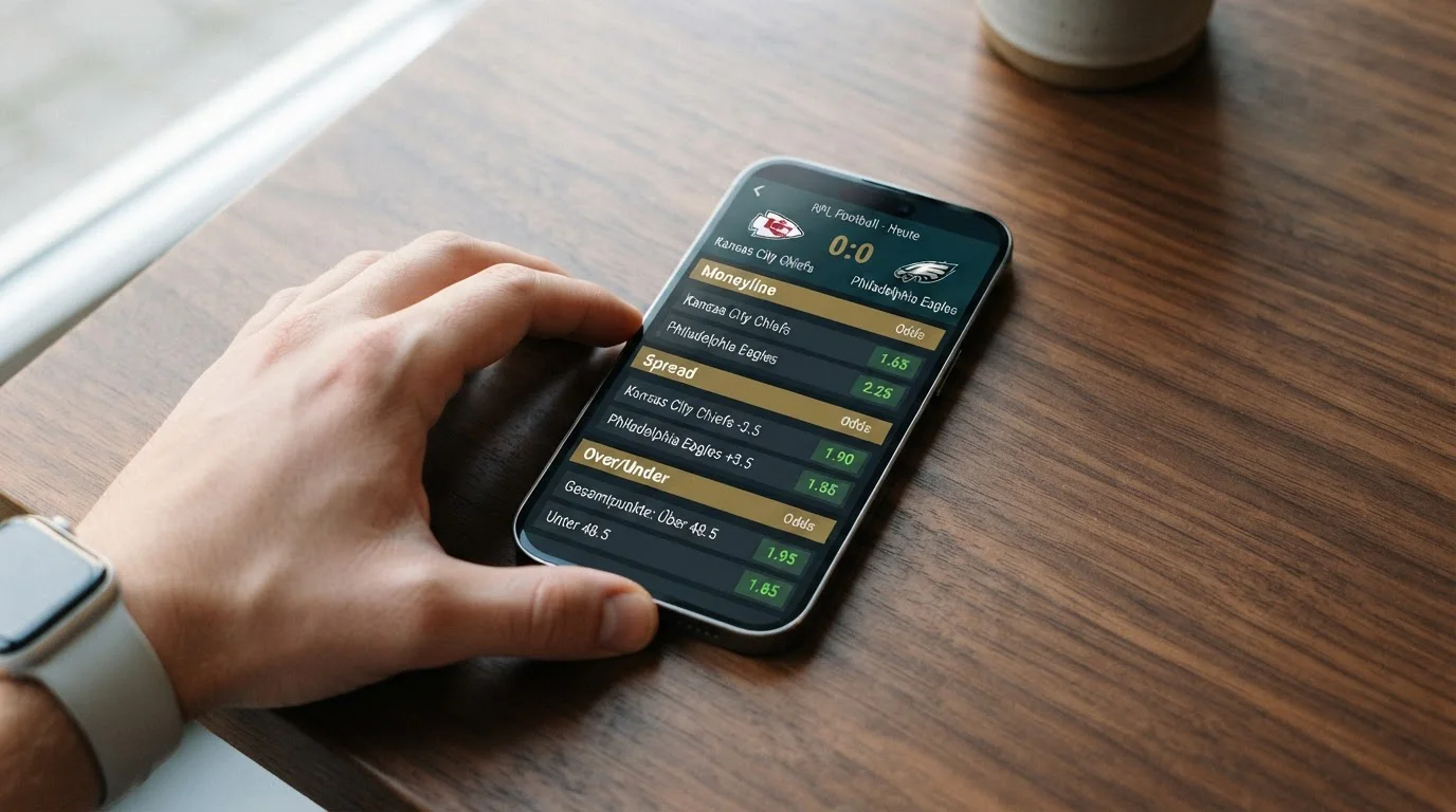 Smartphone zeigt die drei NFL-Wettarten Moneyline, Point Spread und Over/Under in einer Wett-App