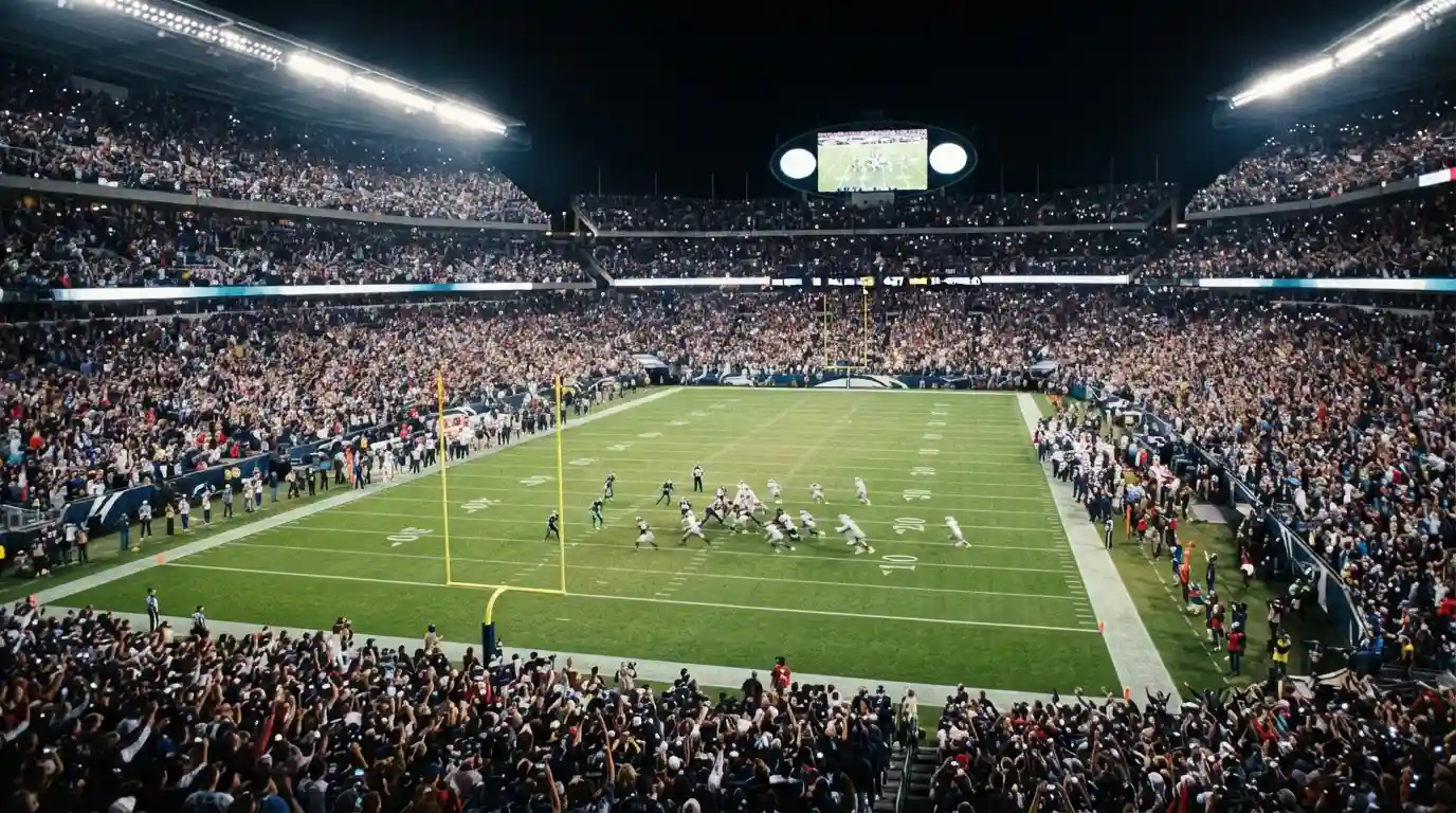 Voll besetztes American-Football-Stadion bei Flutlicht während eines großen Spiels am Abend